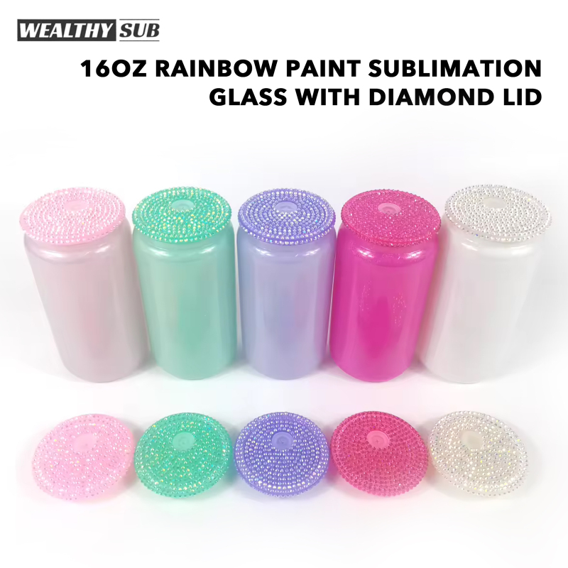 Wealthysub China warehouse sublimation 16oz Rainbow Paint Sublimation Glass with Diamond Lid